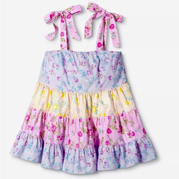 LOVESHACKFANCY Jeanne Pastel Floral Tiered Bow Strap Mini Dress 100% Cotton ~SM - Picture 2 of 16
